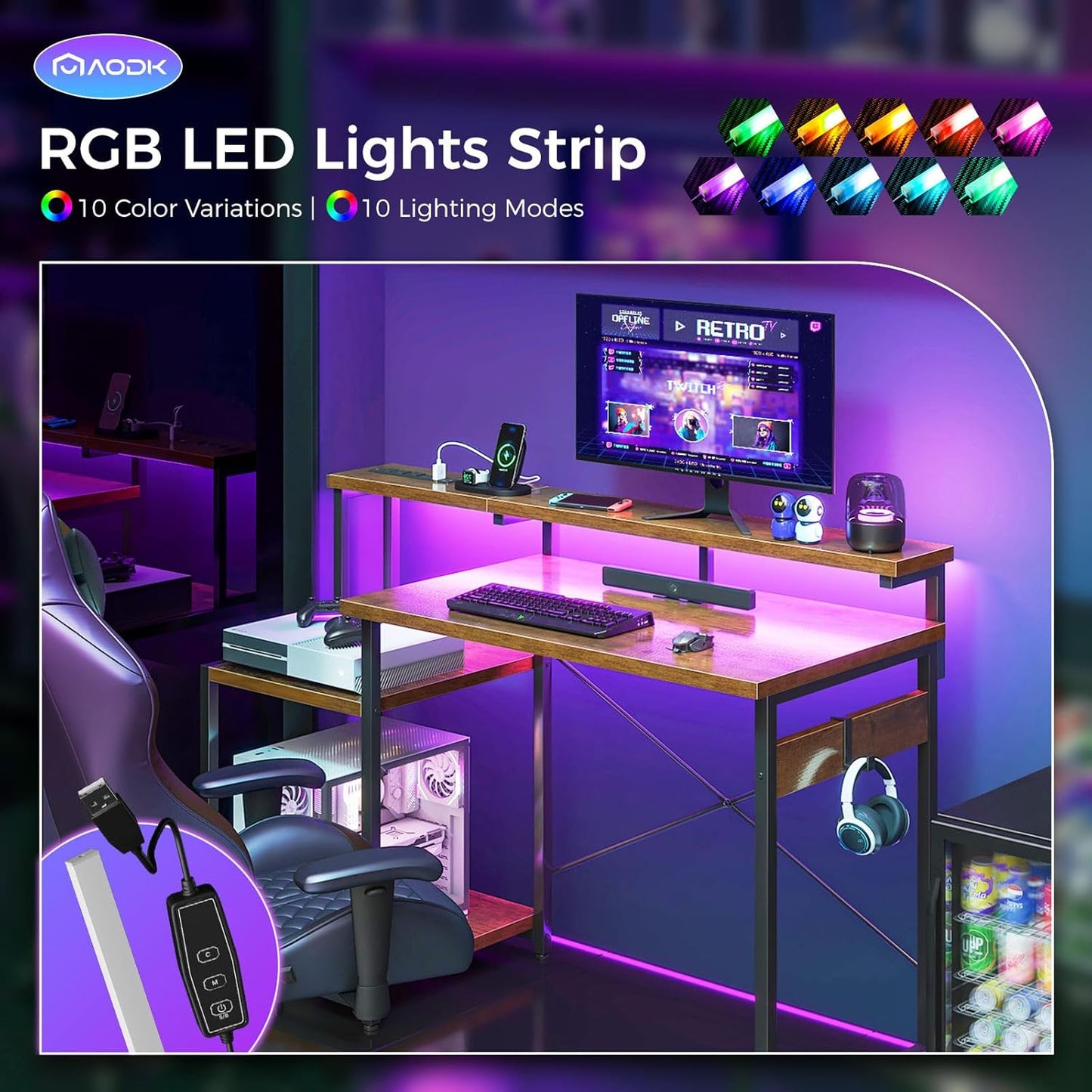 Computer Desk, 48 Inch Gaming Desk with Led Lights & Power Outlet, Office Desk with Storage Shelves, Reversible Desk with Monitor Shelf & Headphone Hook, White