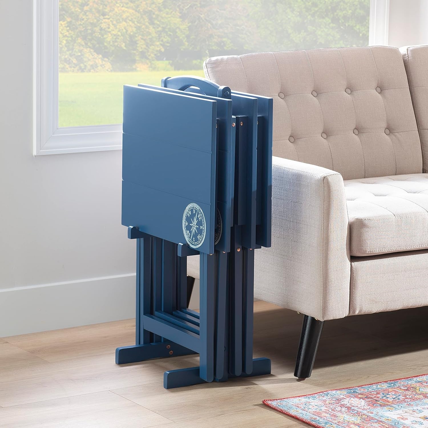 SAMM Navy Trey Table Set with Compass Accent Includes Four Trey Tables and Stand