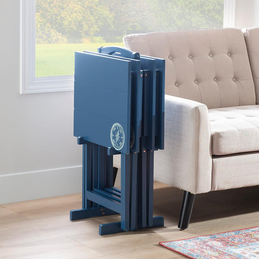 SAMM Navy Trey Table Set with Compass Accent Includes Four Trey Tables and Stand