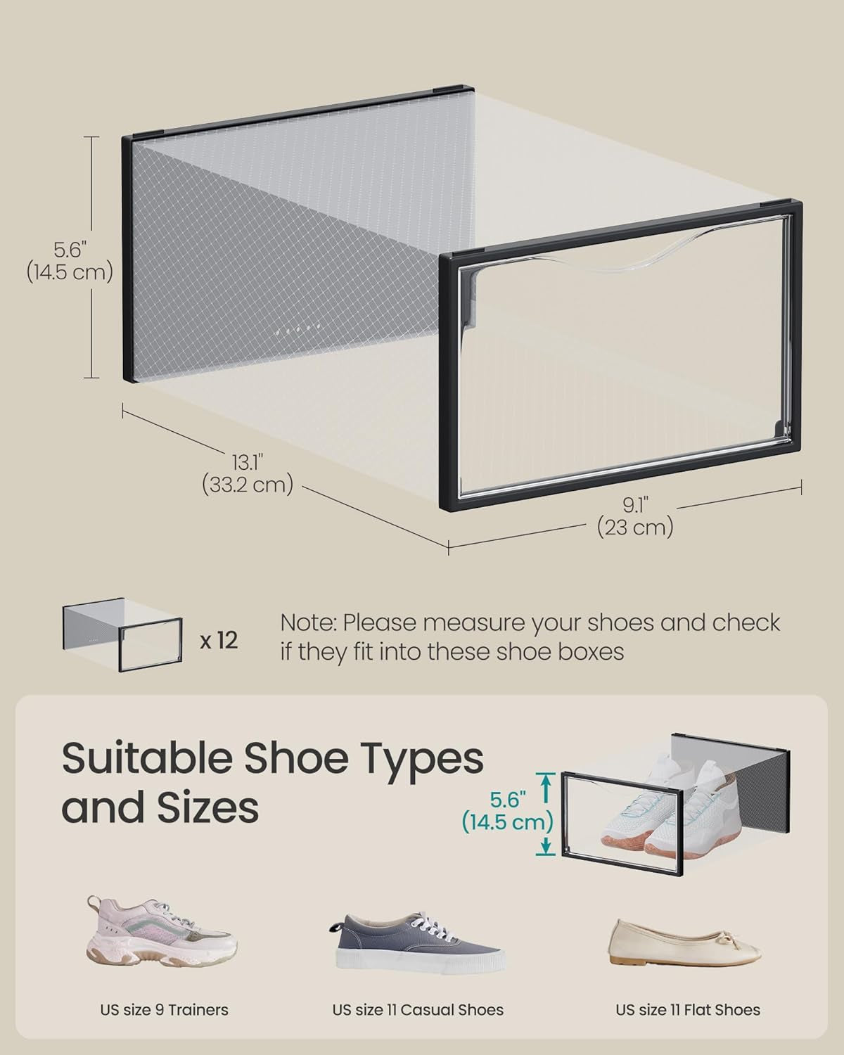 Shoe Boxes, Shoe Storage Organizers Rack for Closet, Plastic Stackable Sneaker Containers Case, 12 Pack, Transparent and Ink Black ULSP312B01