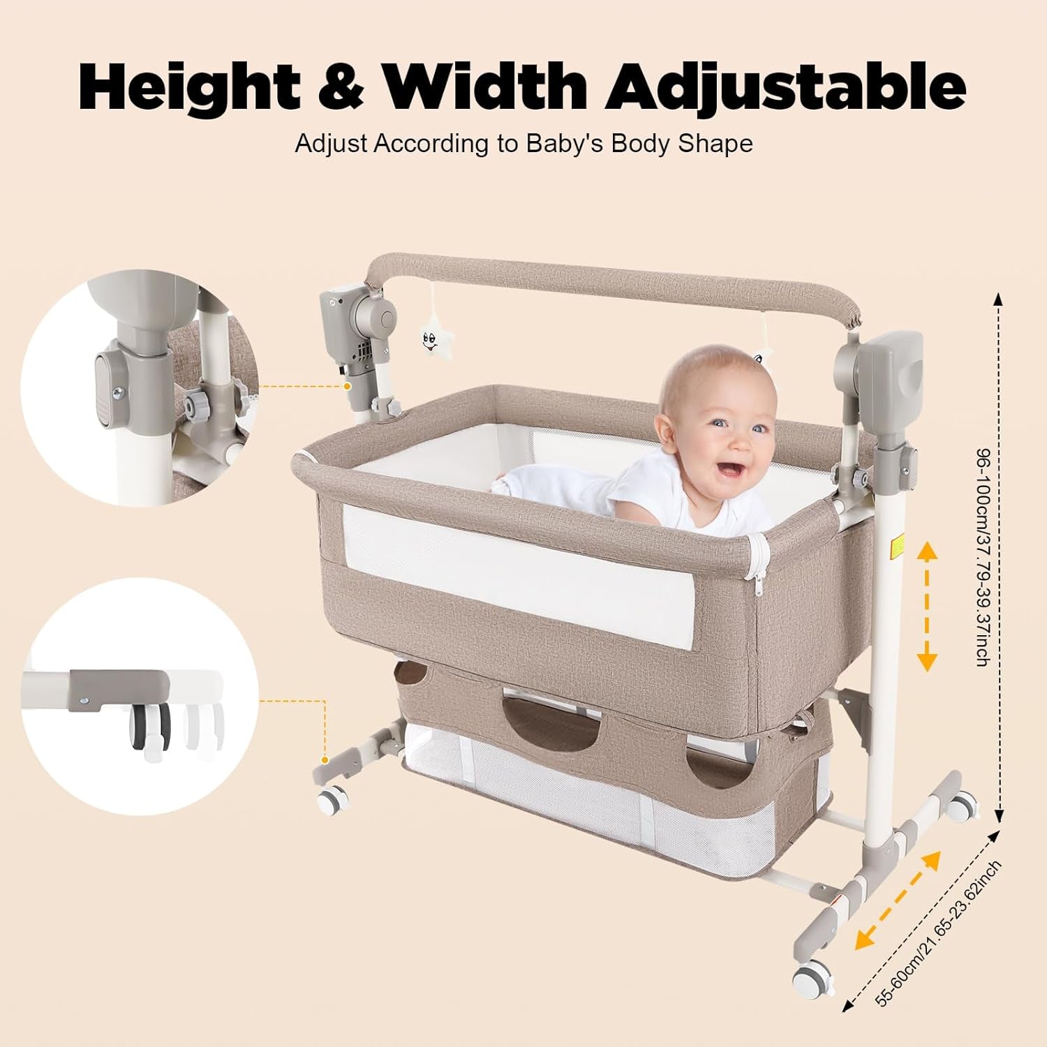 Smart Baby Bassinet Bedside Sleeper with Auto Rocking, 5 Swing Speeds & 3 Timer Settings, Bluetooth Music, Height Adjustable (18.1-19.7In), 44Lbs Capacity for Newborns 0-24 Months, Khaki