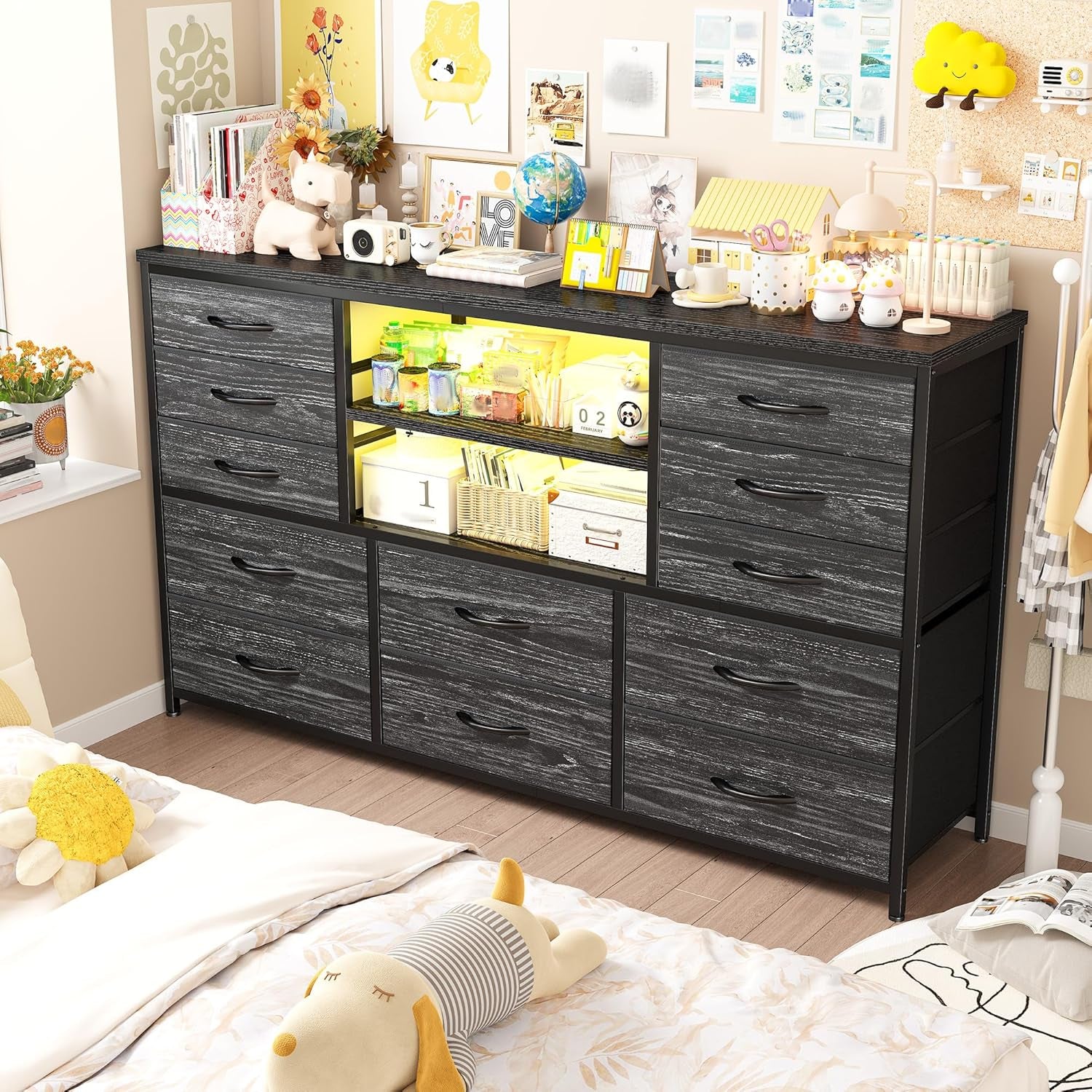 Black Dresser with LED Lights & Charging Station, TV Stand for 60'' TV, Wide Dressers & Chest of Drawers with Open Shelves, Living Room, Hallway,