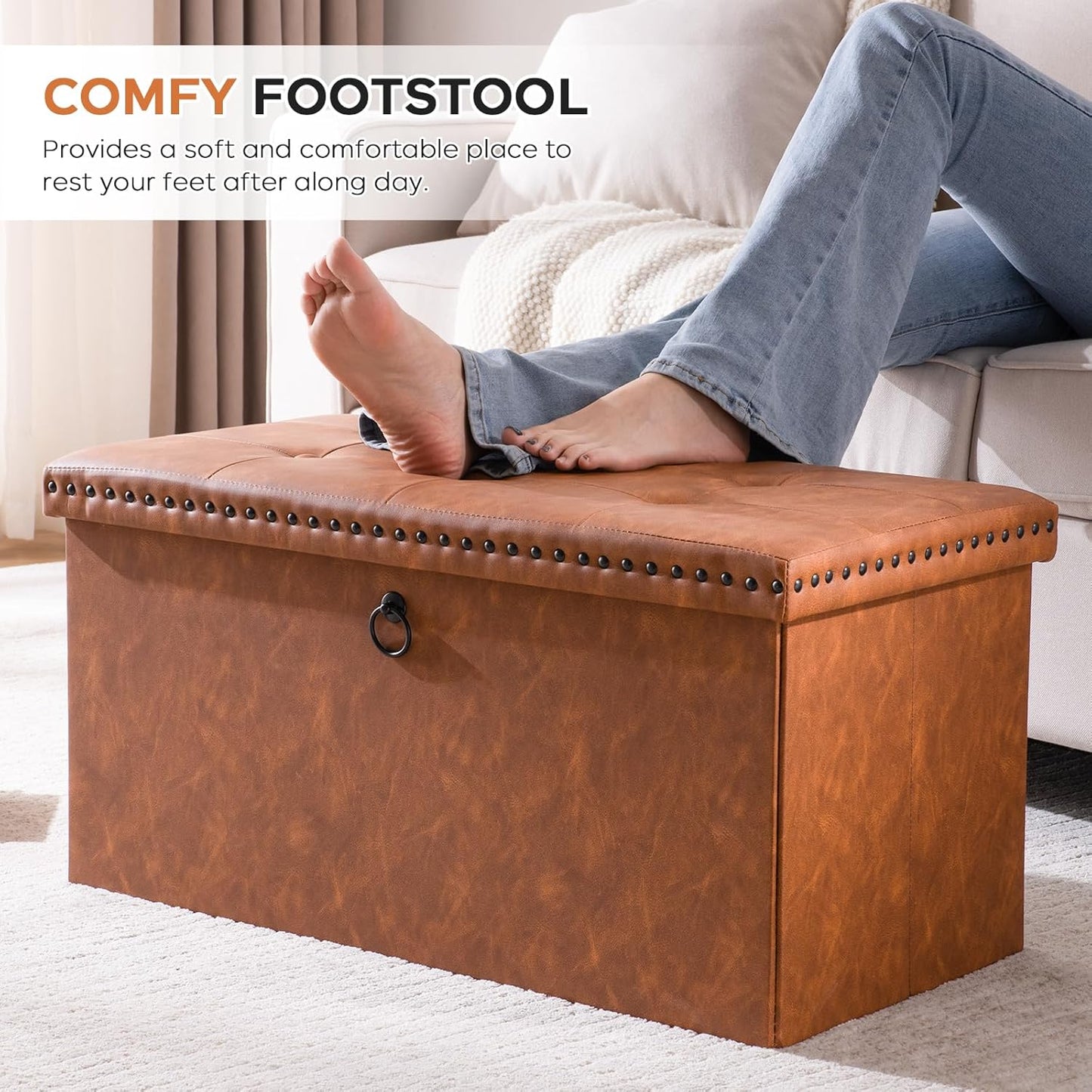 30 Inches Folding Storage Ottoman Bench, Ottoman PU Leather Tuffed End of Bed Bench, Foot Rest with Rivet Design, Ottoman with Storage, Load 330 Lb, for Living Room, Bedroom, Entryway, Brown