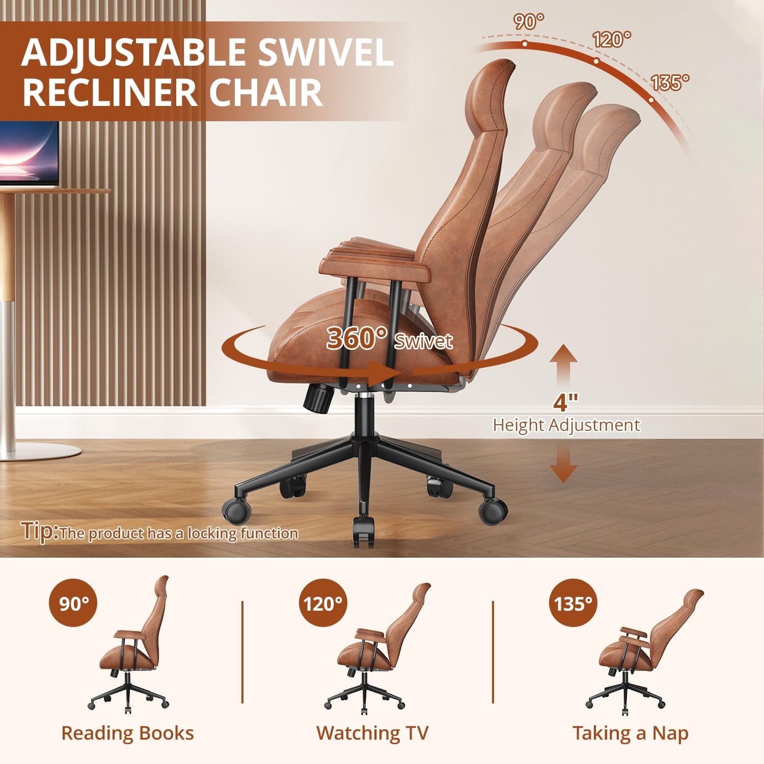 High Back Ergonomic Office Chair 330LBS, Reclining Swivel Desk Chair with Adjustable Height, Thickened Cushions, Comfy Executive Armchair for Home Office Gaming