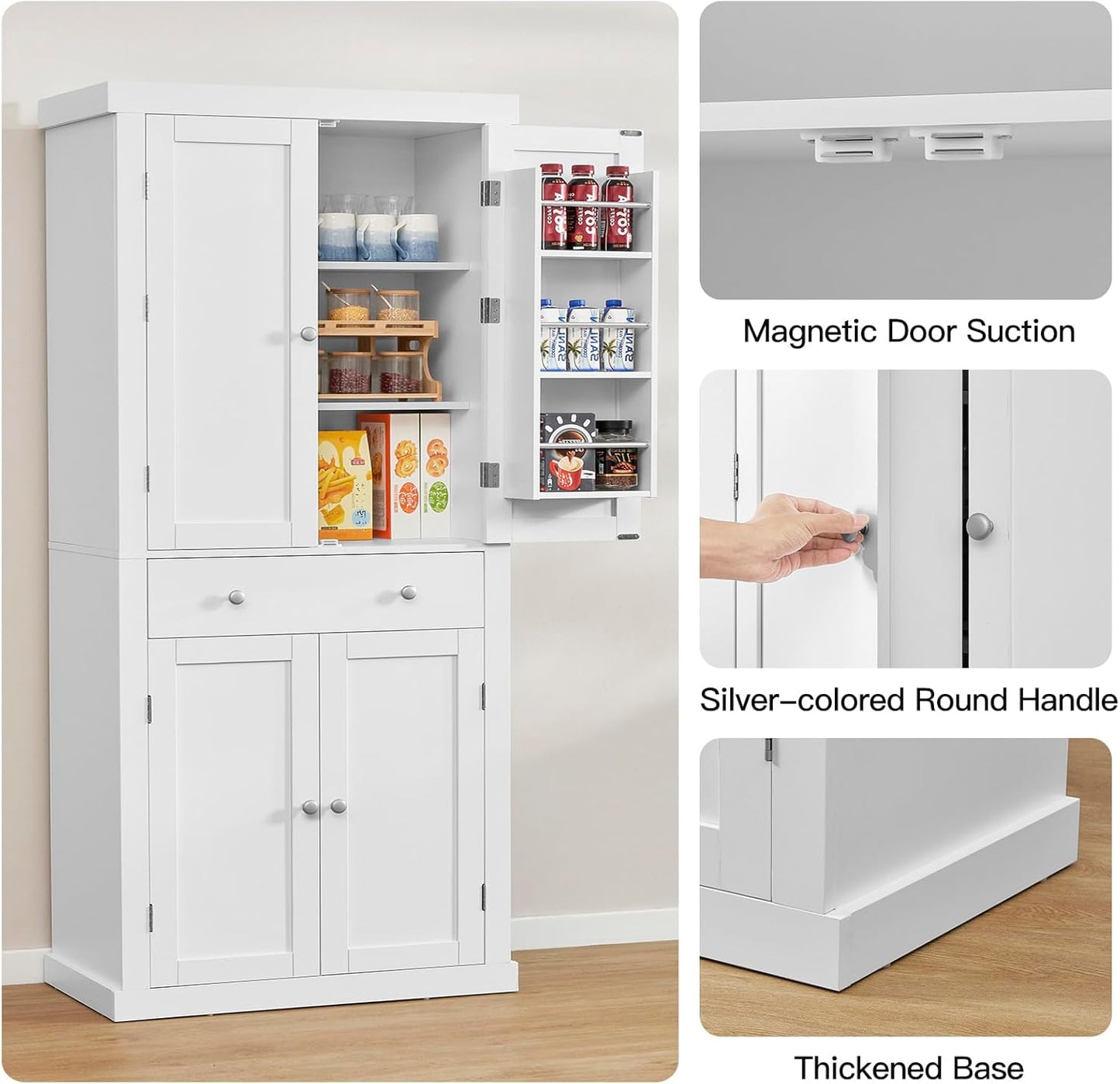 72” Pantry Cabinet, Tall Kitchen Storage Cabinet with 4 Doors and 1 Drawer, Cupboard with 6 Hanging Shelves and Adjustable Shelves for Kitchen, Dining Room, Living Room, White