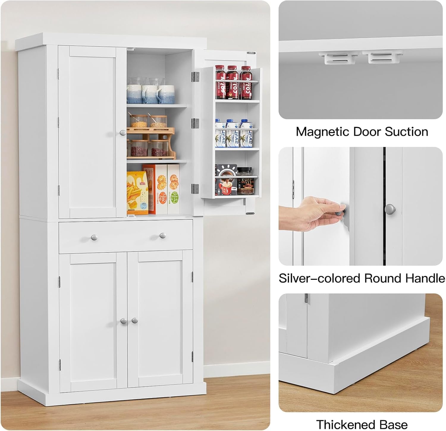 72” Pantry Cabinet, Tall Kitchen Storage Cabinet with 4 Doors and 1 Drawer, Cupboard with 6 Hanging Shelves and Adjustable Shelves for Kitchen, Dining Room, Living Room, White