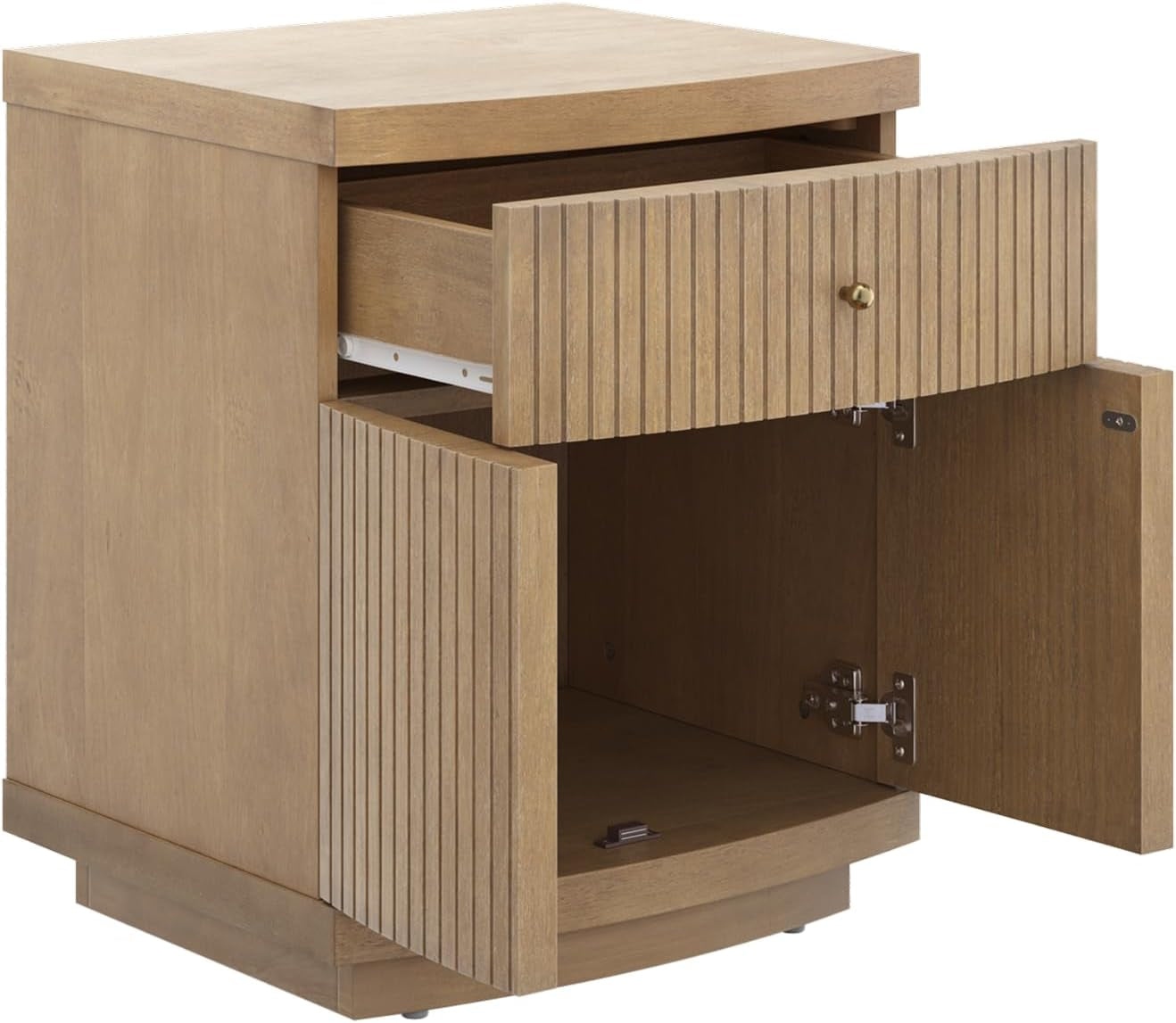 Tambellini Mid Century Modern Nightstand, Bedside Table with Drawer and Cabinet Storage, Solid Wood Legs and Fluted Door Fronts, Light Brown