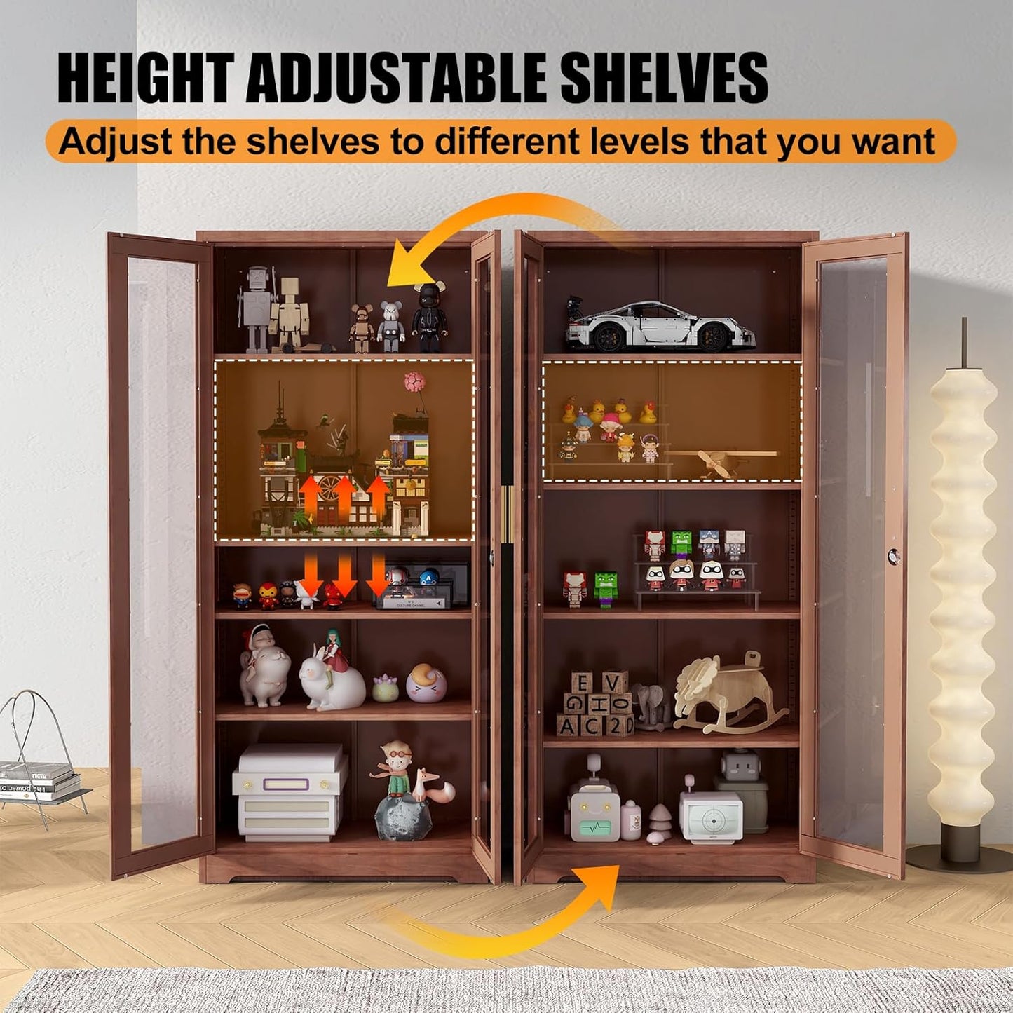 71" Display Cabinet, Metal Kitchen Storage Cabinet, Curio Display Case with Glass Doors and 4 Adjustable Shelves, Locking Cabinets for Kitchen, Hallway, Living Room, Wood Color -Assembly Required