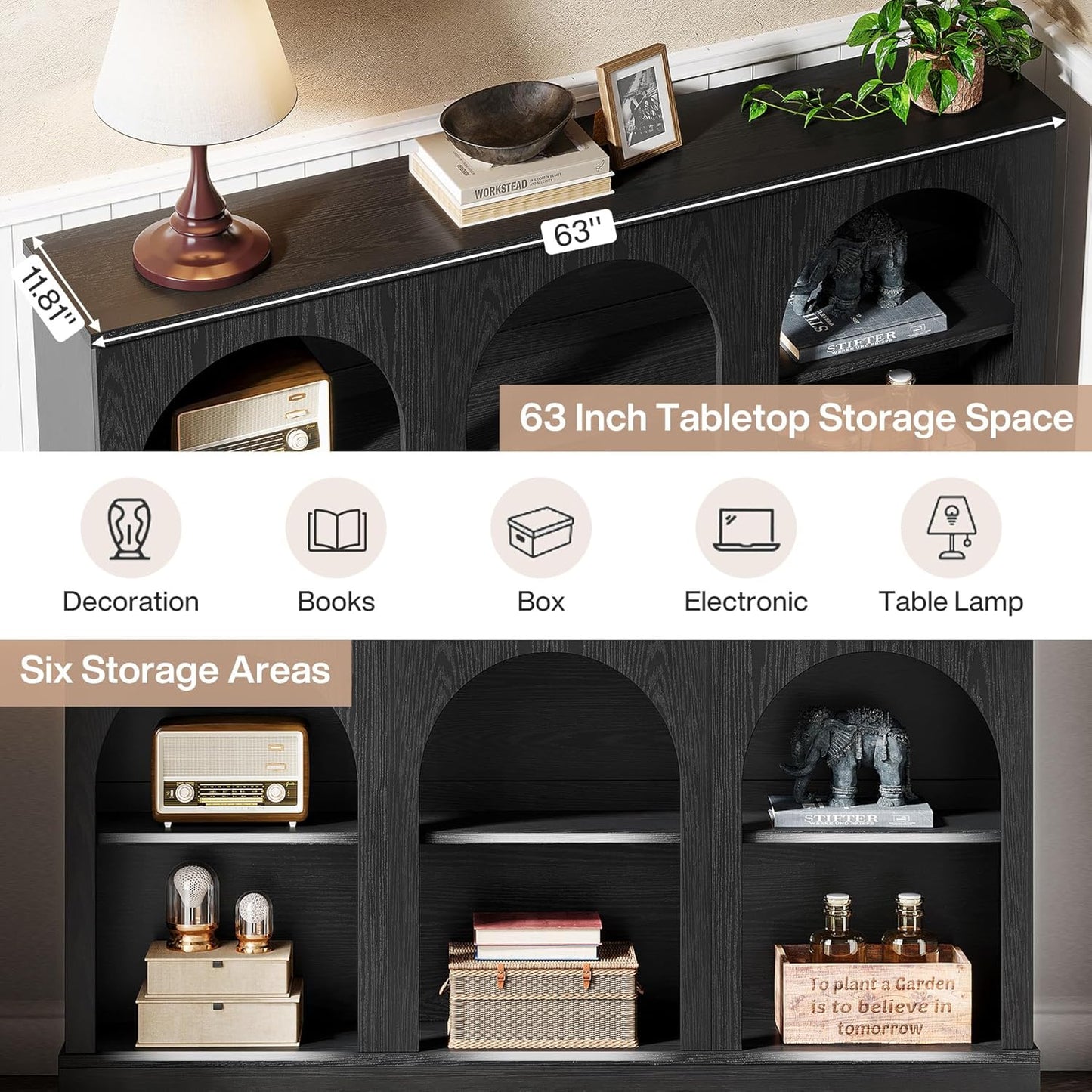 Farmhouse Console Table, 63-Inch Long Entryway Table with 3 Tier Storage, Wooden Rectangular Sofa Table behind the Couch for Entrance, Hallway, Living Room, Black