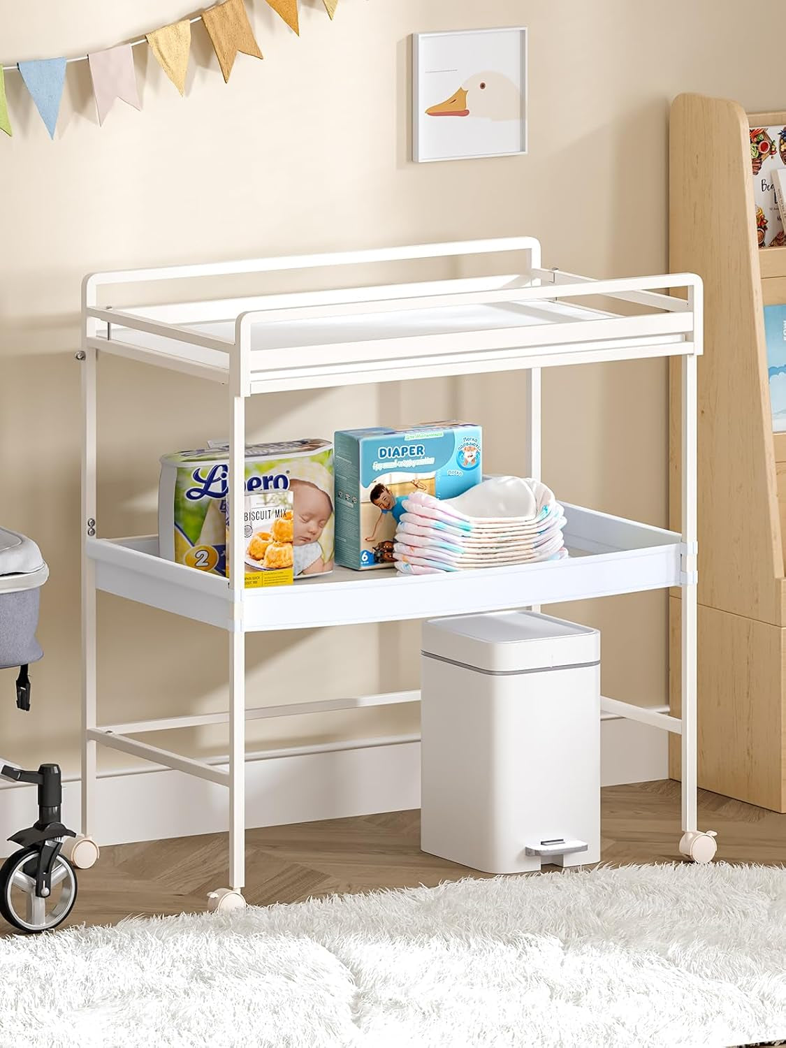Foldable Baby Changing Table with Wheels, Certified Diaper Changing Station with Storage Drawers, 3 in 1 Portable Compact Diaper Table for Nursery, White