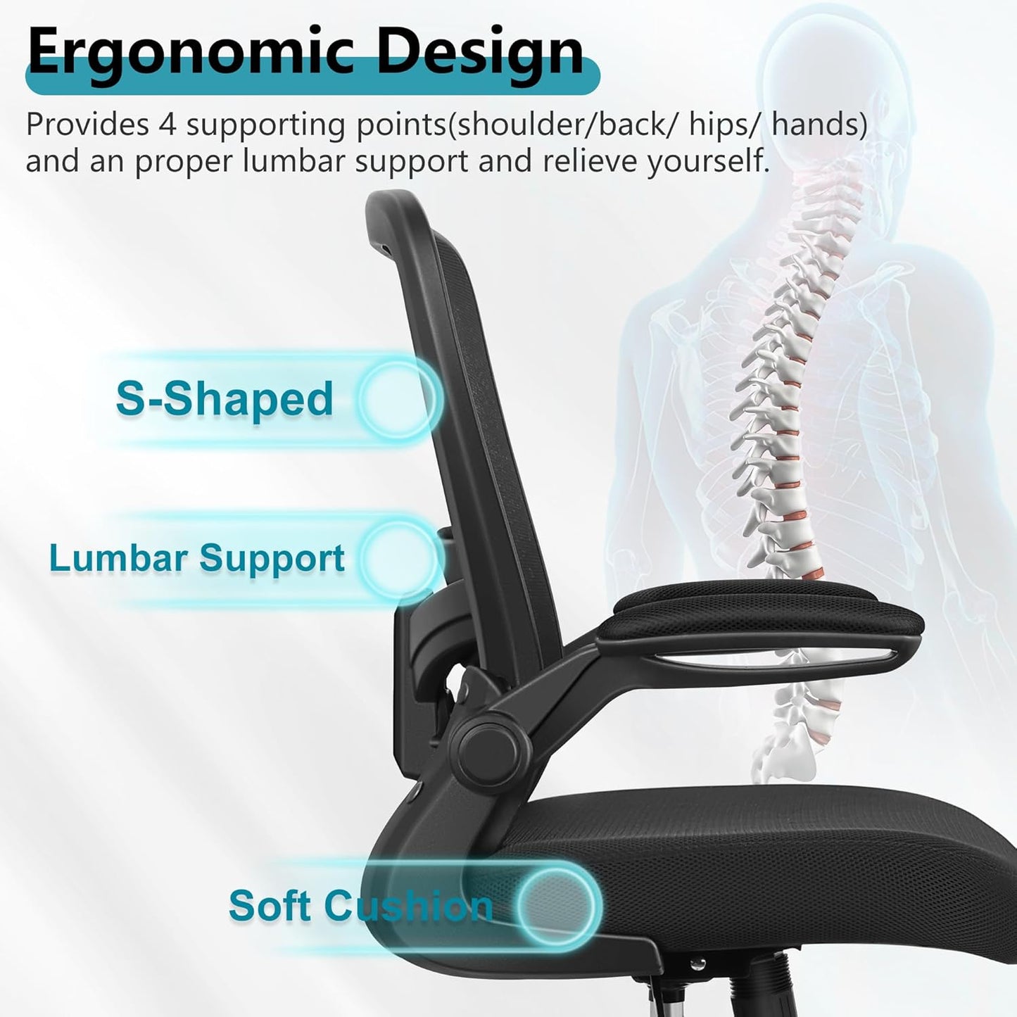 Office Chair, Ergonomic Desk Chair Breathable Mesh Chairs Adjustable High Back Lumbar Support Flip-Up Armrests, Executive Rolling Swivel Comfy Computer Chairs Home Office Black