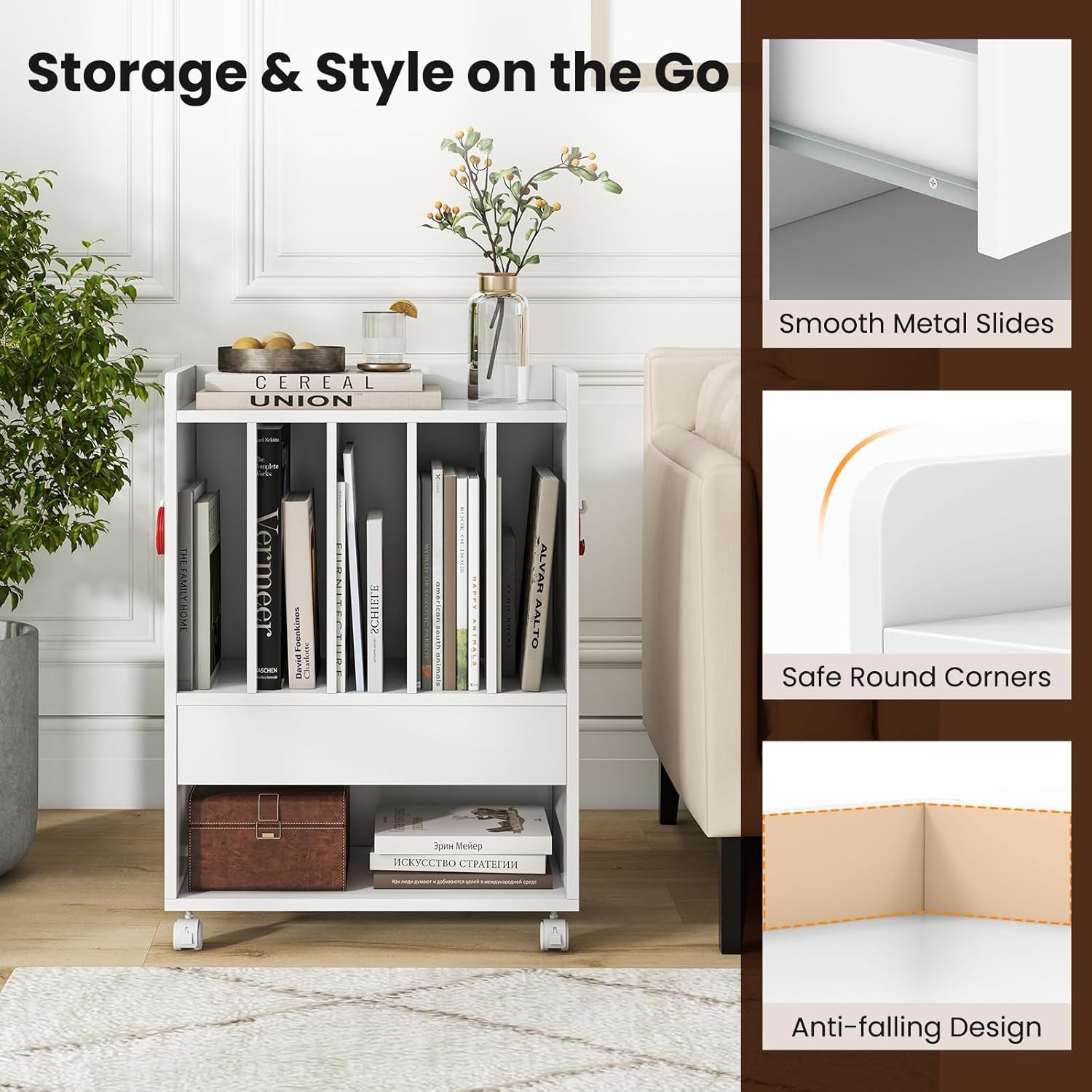 Record Player Stand, Rolling Turntable Stand with Drawer & Lockable Wheels, Record Player Table Holds up to 150 Albums, Vinyl Record Storage for Living Room Bedroom, White