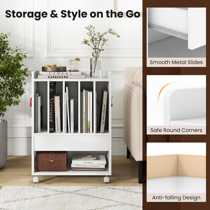 Record Player Stand, Rolling Turntable Stand with Drawer & Lockable Wheels, Record Player Table Holds up to 150 Albums, Vinyl Record Storage for Living Room Bedroom, White