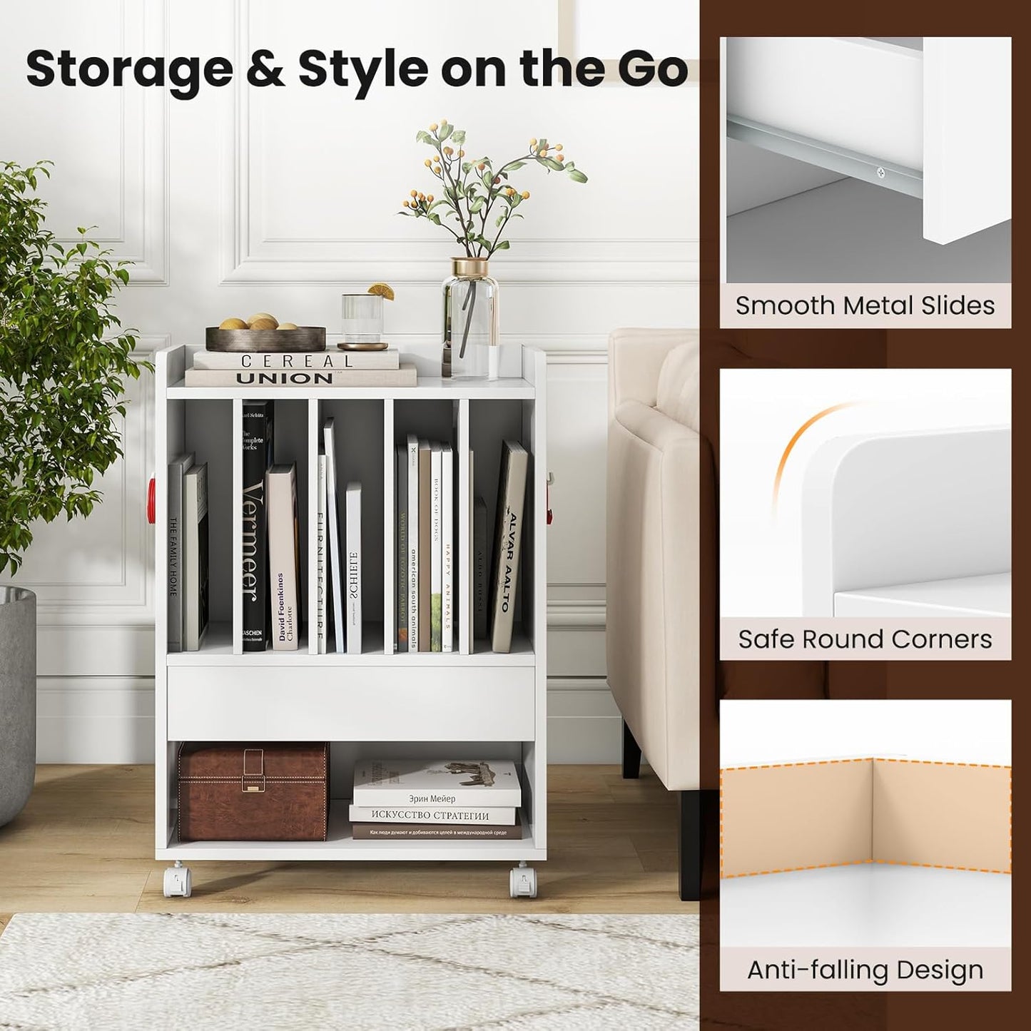 Record Player Stand, Rolling Turntable Stand with Drawer, Hook & Lockable Wheels, Vinyl Record Display Shelf Holds up to 180 Albums, for Living Room Bedroom (White)