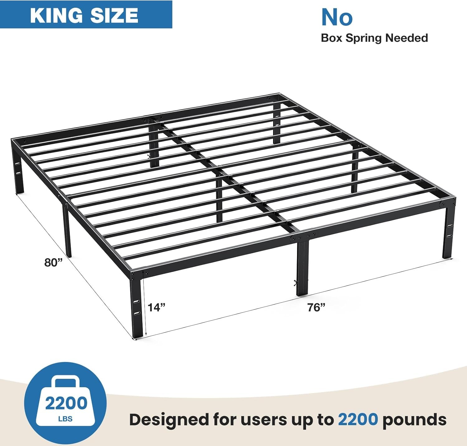 Metal King Bed Frame - 14In High with Storage Space, No Box Spring Needed with Sturdy Steel Slat Support, 2200LBS Heavy Duty for Easy Assembly, Black for Bedroom