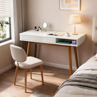 White Writing Desk with Drawers Mid Century Modern Desk, Wood Office Computer Desks for Small Space, White Desks with Walnut Legs