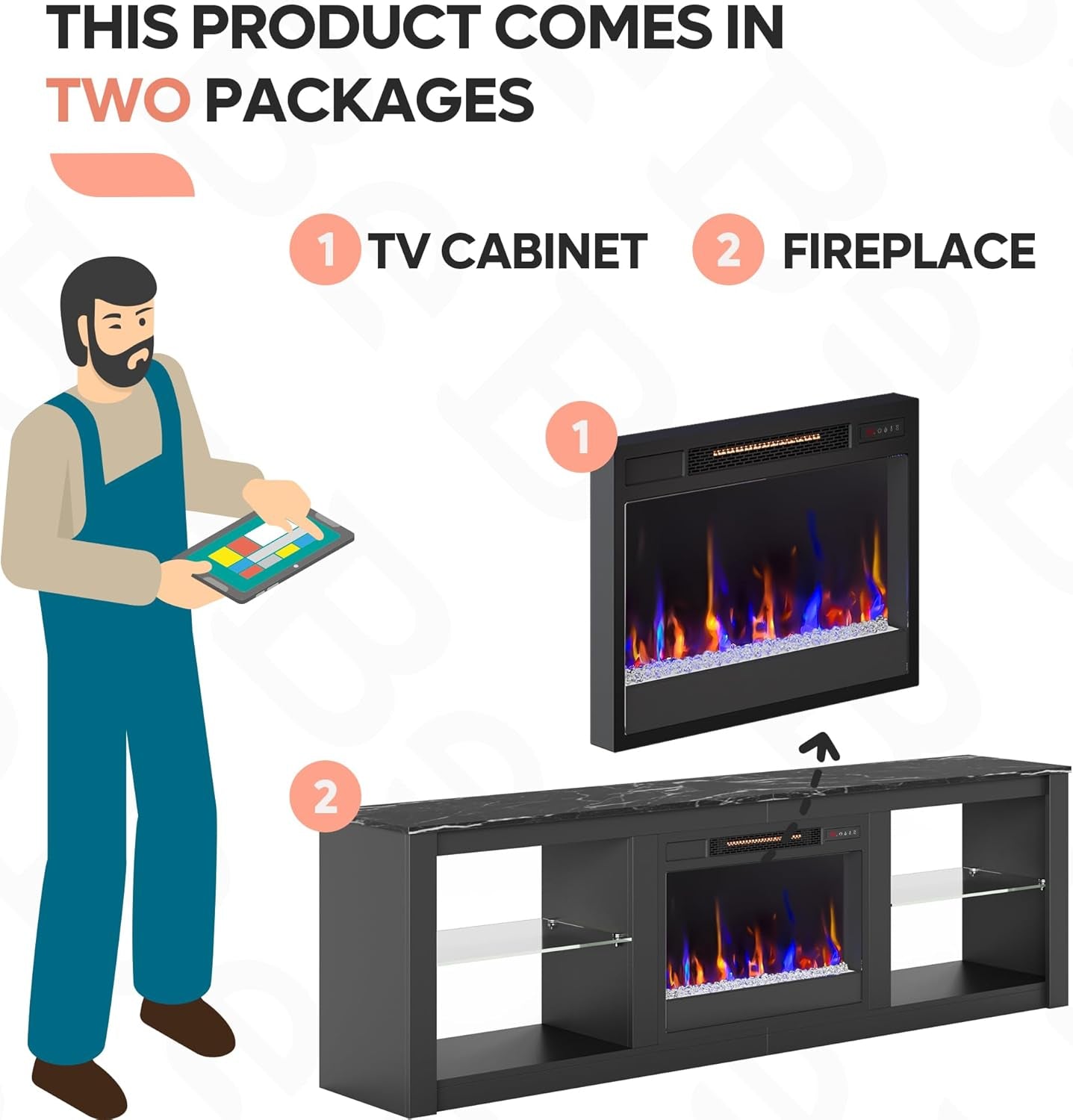 70 Inch Fireplace TV Stand for TV up to 75", LED Entertainment Center with 23" Electric Fireplace Media Console Table for Living Room with Glass Shelves, Black Marble