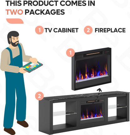 70 Inch Fireplace TV Stand for TV up to 75", LED Entertainment Center with 23" Electric Fireplace Media Console Table for Living Room with Glass Shelves, Black Marble