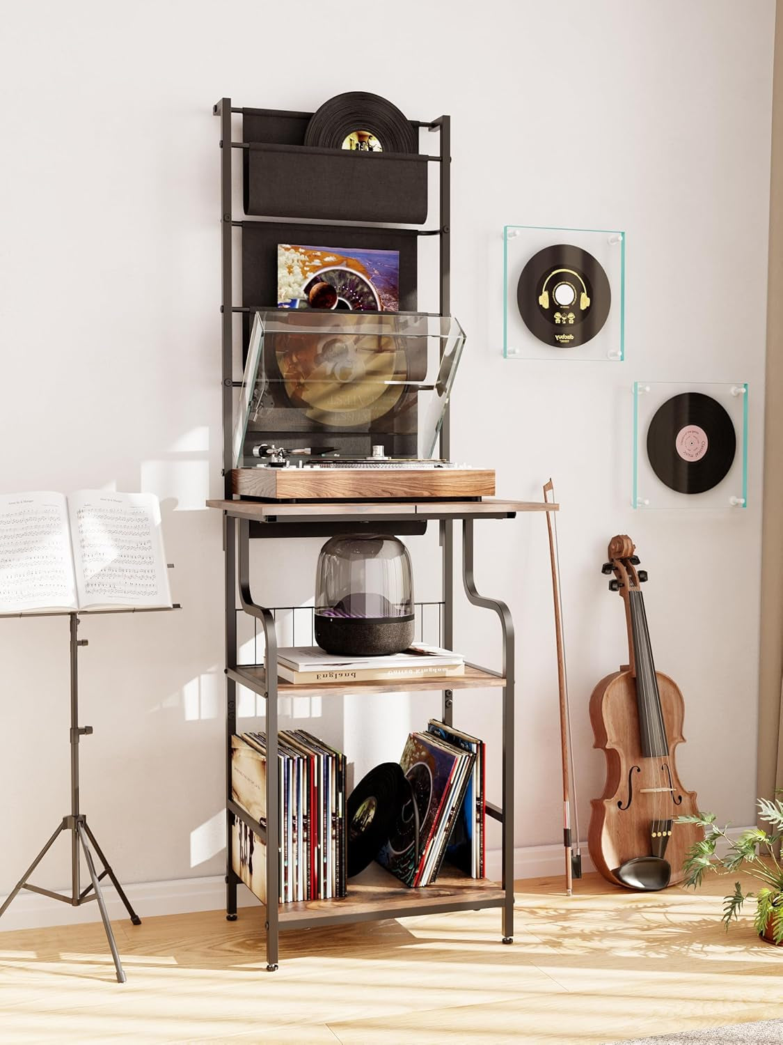 6-Tier Record Player Stand, Turntable Stand with Large Desktop, Tall Vinyl Player Stand with Display Rack, CD Vinyl Storage Holder, Gramophone Table for Living Room
