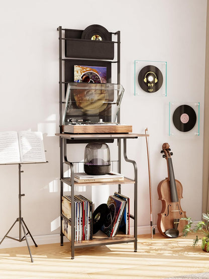 6-Tier Record Player Stand, Turntable Stand with Large Desktop, Tall Vinyl Player Stand with Display Rack, CD Vinyl Storage Holder, Gramophone Table for Living Room