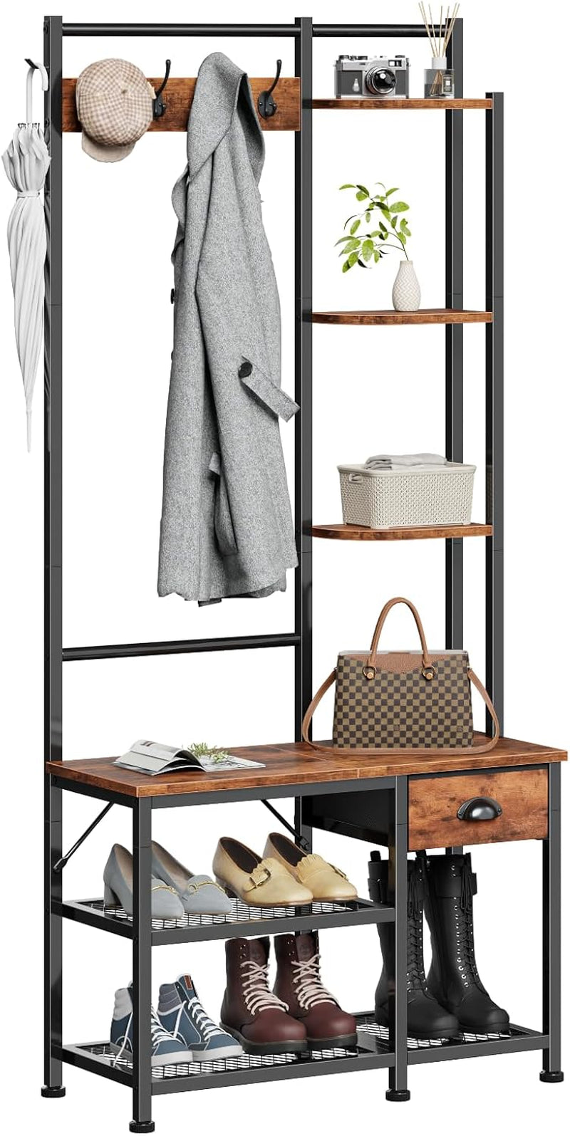 Coat Rack, Hall Tree with Bench and Shoe Storage, 4 in 1 Entryway Bench, Coat Rack with 3 Shelves and Drawer, Entryway Organizer with 5 Hooks for Hanging, Rustic Brown