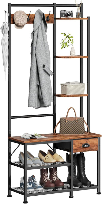 Coat Rack, Hall Tree with Bench and Shoe Storage, 4 in 1 Entryway Bench, Coat Rack with 3 Shelves and Drawer, Entryway Organizer with 5 Hooks for Hanging, Rustic Brown