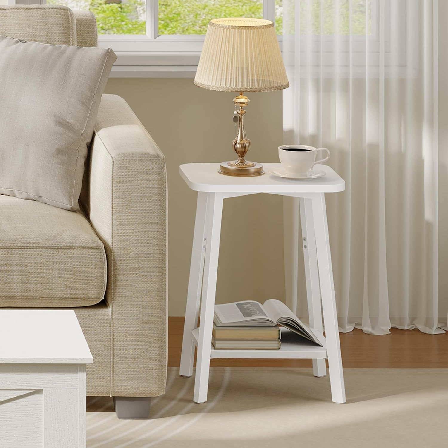 Side Table, Small Rectangular End Table with Storage Shelf, 2-Tier Bedside Table Sofa Couch Table, Nightstand for Small Spaces, Living Room, Bedroom, White ETWT4701