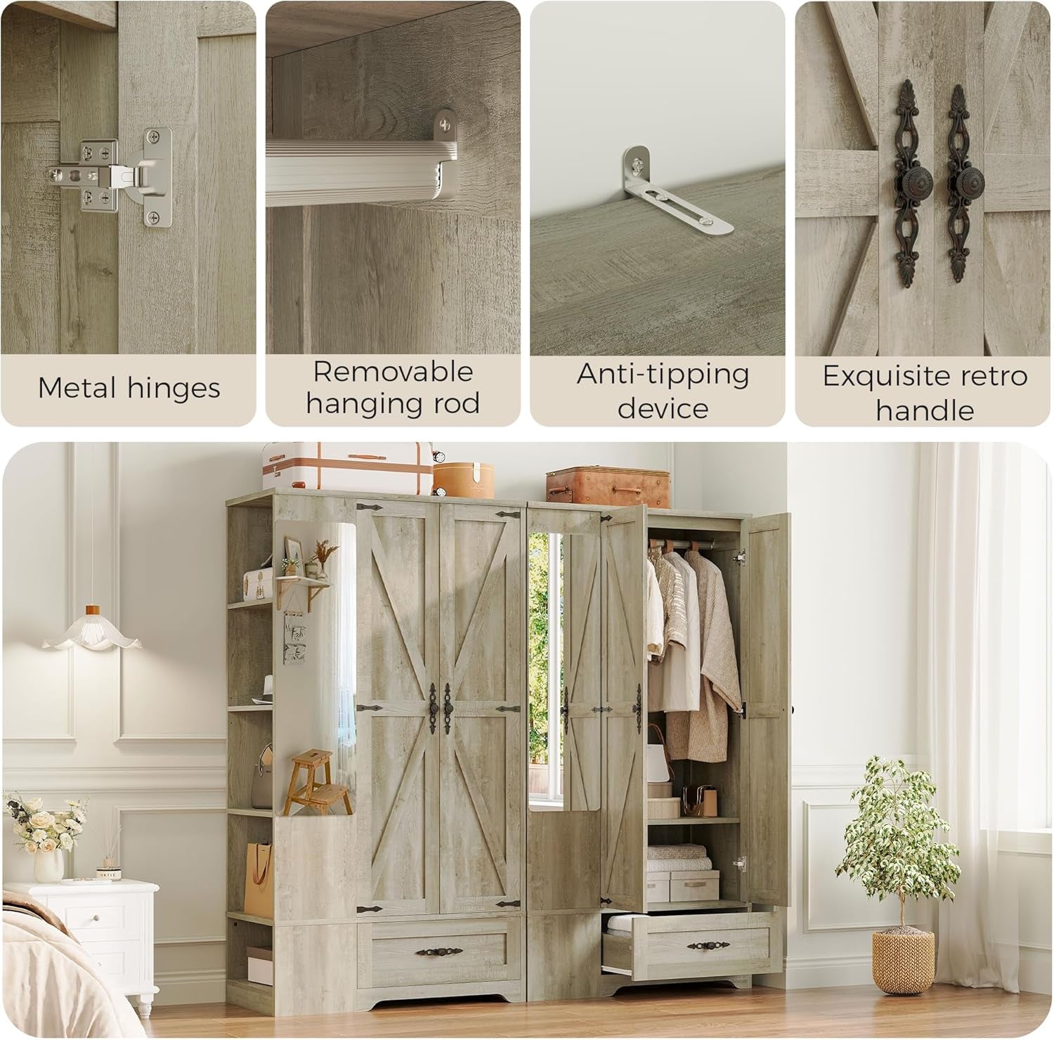 Armoire Wardrobe Closet with Mirror, 70" H Wooden Bedroom Armoires and Wardrobes with 2 Doors, 5 Shelves，Hooks and Drawer, Clothing Storage Cabinet with Hanging Rod, Rustic Maple