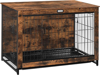 Dog Crate Furniture, 38.6" Large Dog Kennel Indoor, Wooden Cage with Pull-Out Tray, Double Doors Pet House Side End Table for Large/Medium/Small Dogs, Greige BG982GW03