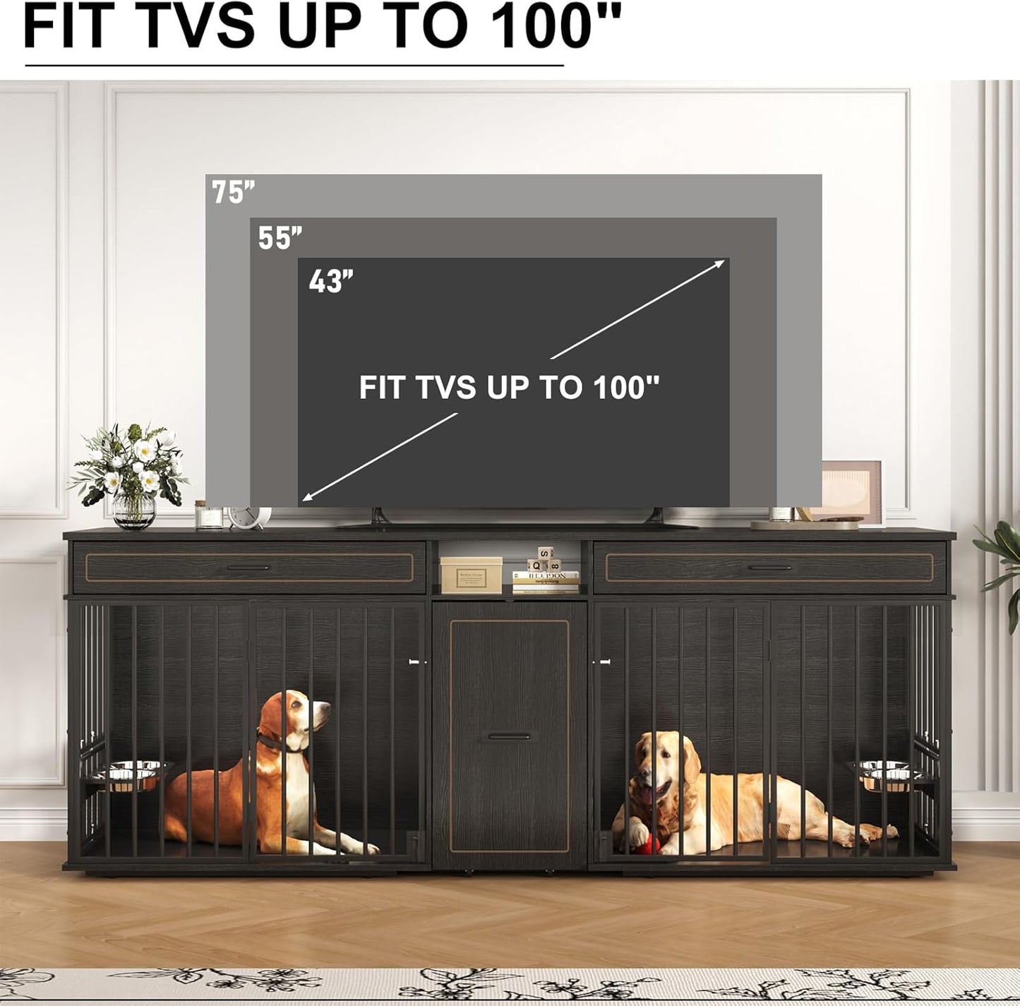 86.6" Dog Crate Furniture Large Breed TV Stand with Double Rooms, Wooden Dog Kennel Furniture with Dog Bowl, 2 Drawers and Cabinet for Large Medium Dogs, Black