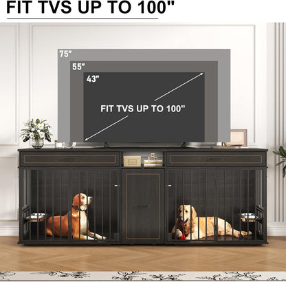 86.6" Dog Crate Furniture Large Breed TV Stand with Double Rooms, Wooden Dog Kennel Furniture with Dog Bowl, 2 Drawers and Cabinet for Large Medium Dogs, Black