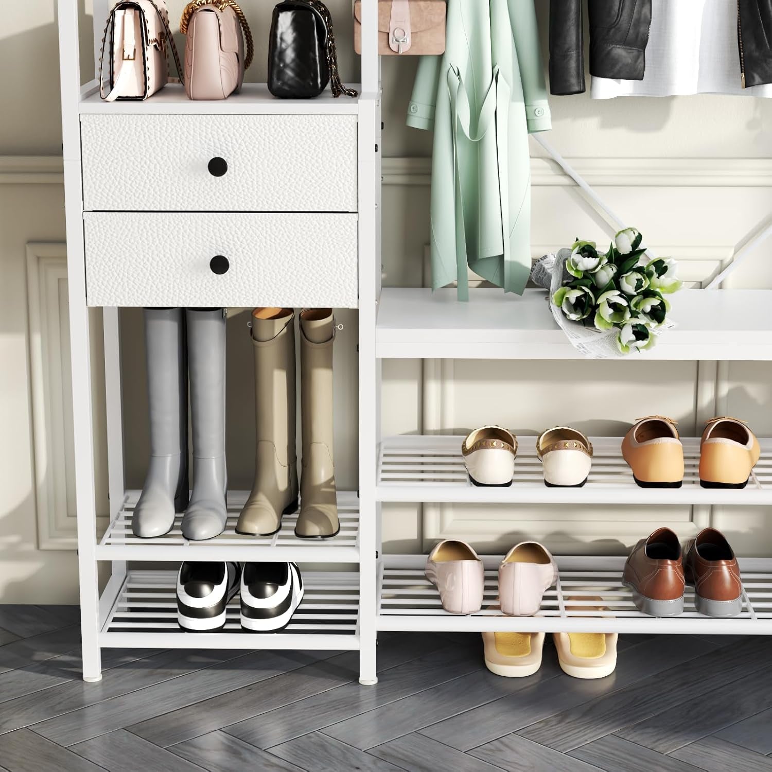 7-In-1 Hall Tree with Bench and Shoe Storage for Entryway, Entryway Bench with Coat Rack, Storage Shelves, Shoe Race, Coat Hooks and 2 Fabric Drawers for Hallway(White)