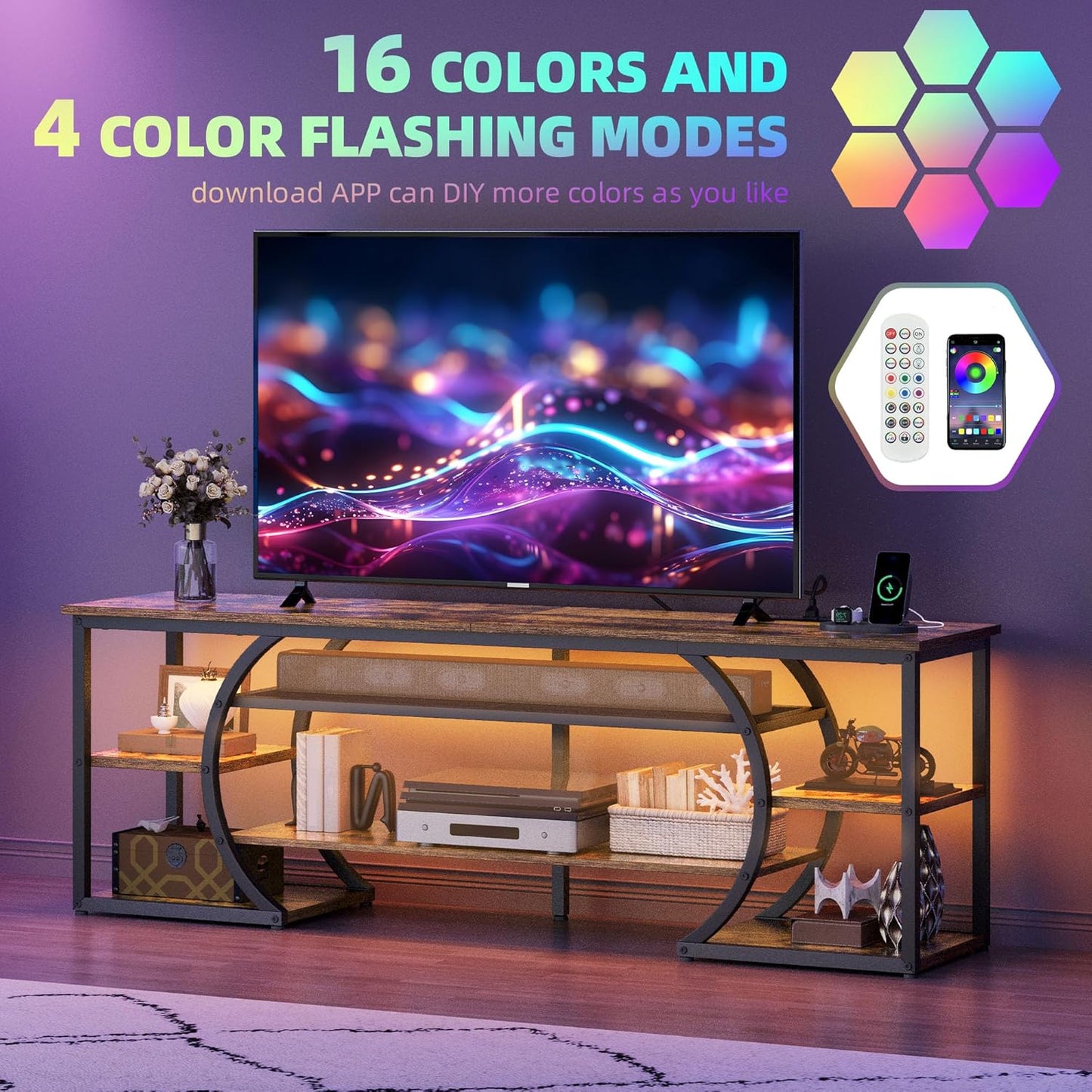 TV Stands for Living Room, LED Entertainment Center with Storage, TV Stand for 70 Inch TV,TV Console Cabinet with Power Outlets, Rustic Brown