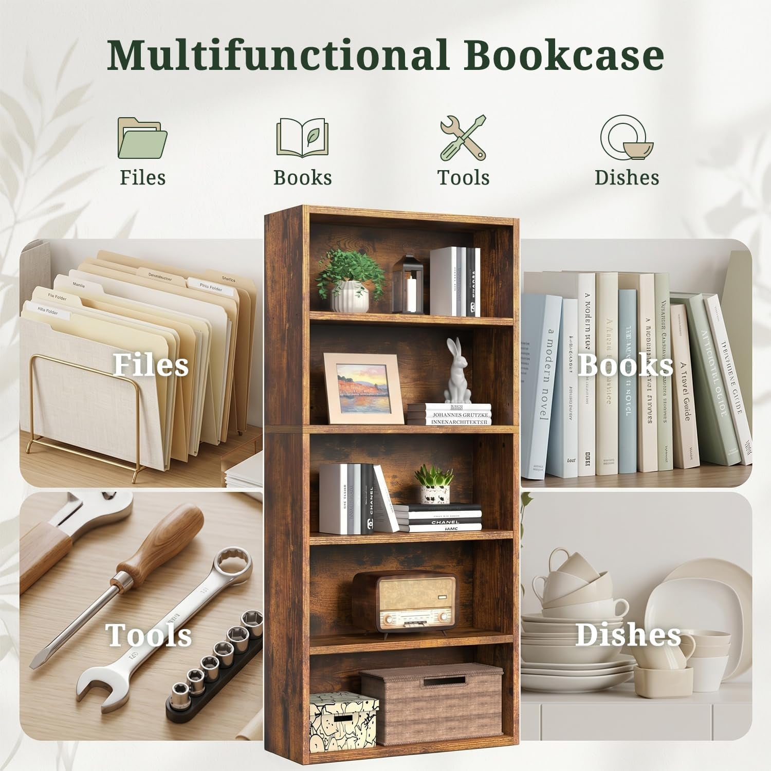 5 Tier Bookshelf, 53" Tall Open Display Bookcase with Reinforced Back & Anti-Tip Kit, Heavy Duty Wood Book Shelves for Home Office, Living Room & Bedroom, Brown