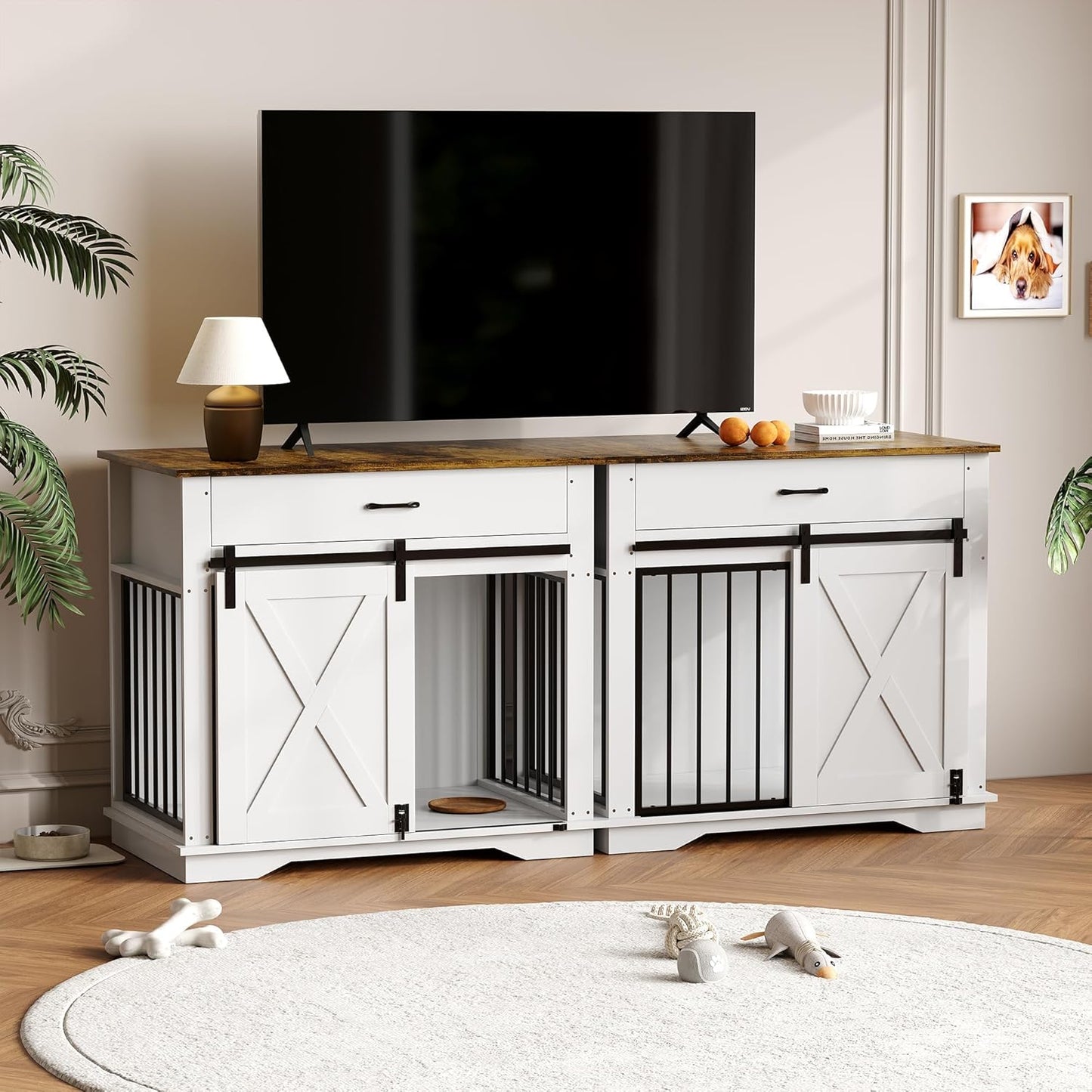 Dog Crate Furniture with Double Doors, 38 Inch Large Pet Cage House End Table with Storage Drawer & Sliding Barn Door, Indoor Wooden Dog Kennel Buffet Cabinet with Pet Cage House Side Table