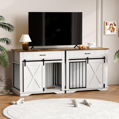 Dog Crate Furniture with Double Doors, 38 Inch Large Pet Cage House End Table with Storage Drawer & Sliding Barn Door, Indoor Wooden Dog Kennel Buffet Cabinet with Pet Cage House Side Table