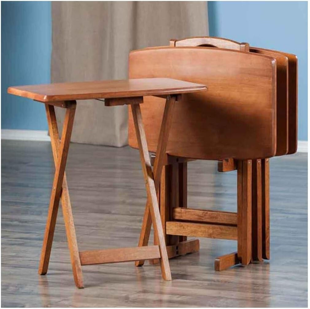 Renaissance Romance 5-Piece Oversize Snack Table Set with Solid Teak Finish, Curved Sides, Rounded Corners, and Sturdy Stand, 23.6" W X 15.75" D X 25.5" H Teak