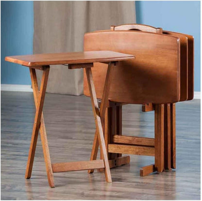 Renaissance Romance 5-Piece Oversize Snack Table Set with Solid Teak Finish, Curved Sides, Rounded Corners, and Sturdy Stand, 23.6" W X 15.75" D X 25.5" H Teak