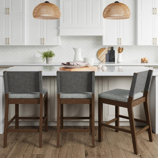 Wood Counter Height Bar Stools Dark Brown Ivory (Set of 3)