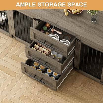 94.5" Large Dog Crate Furniture for 2 Dogs, Double Indoor Dog Kennel Furniture with 3 Drawers & 4 Dog Bowls, Wooden Heavy Duty Dog Cage Furniture Style TV Stand/Table/House, Brown