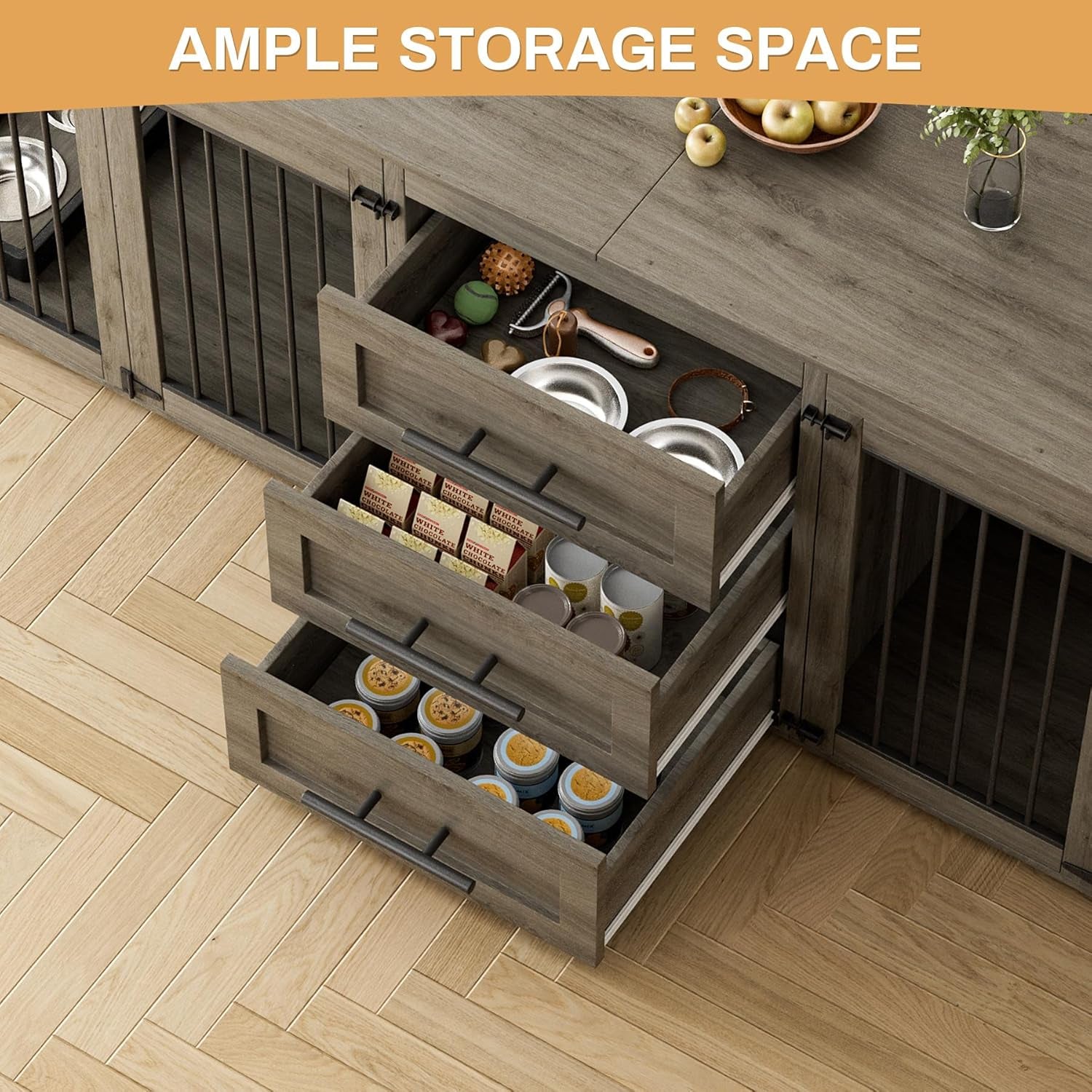 94.5" Large Dog Crate Furniture for 2 Dogs, Double Wooden Dog Kennel Furniture with 4 Dog Bowls & 3 Drawers, Heavy Duty Indoor Furniture Style Dog Cage TV Stand/Table/House, Grey