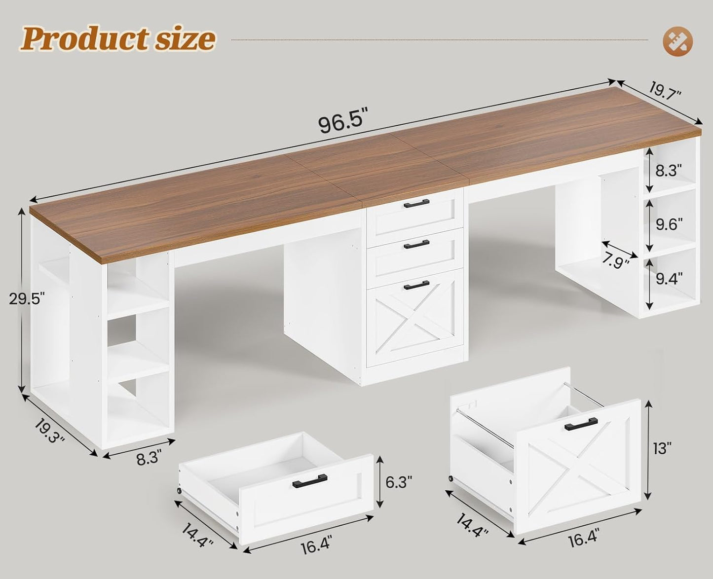 Farmhouse 96.5" Computer Desk with Drawers, 2 Person Home Office Desk, Gaming Double Desk with Storage Shelves, Long Two Person Writing Desk (White and Brown)