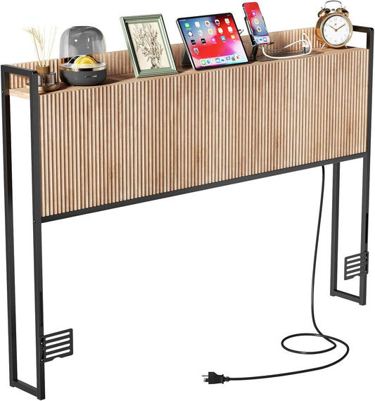King Size Headboard Only with Outlets, Wall Mount Wood Fluted Headboard with Storage, Height Adjustable, Storage Rack, Sturdy and Stable, Easy Assembly(Oak, King)