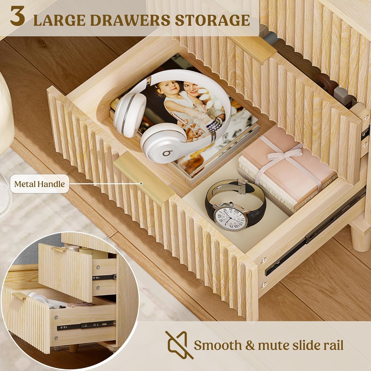 Wood 3 Drawers Dresser Fluted Night Stand with Charging Station, Storage Nightstand Modern Side Table, Bedside Table for Bedroom, Entryway Natural