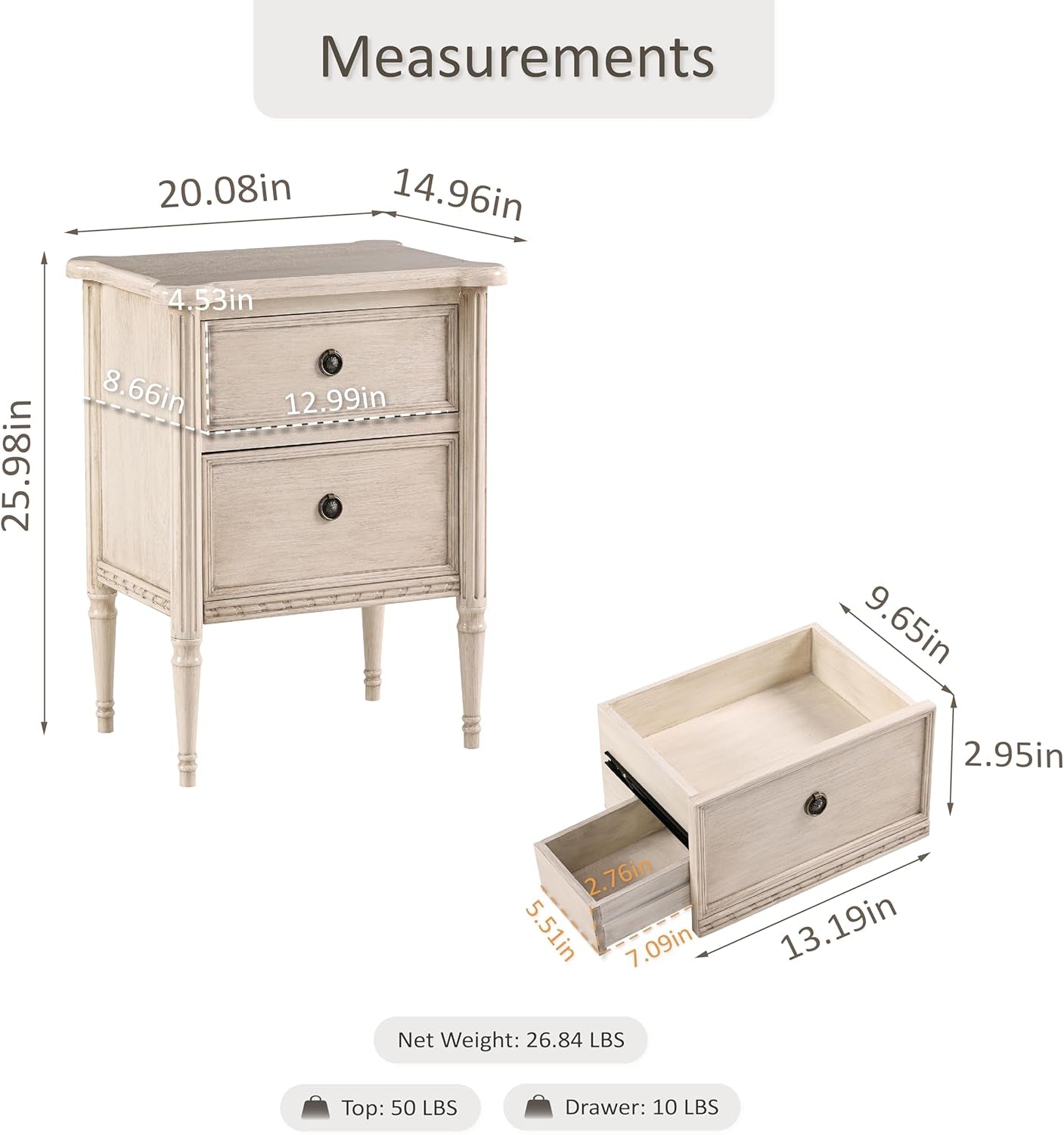 Farmhouse 2 Drawer Nightstand with Hidden Drawer, Antique Finish, Solid Pine Wood with MDF Drawers, Almost Fully Assembled, Cream White