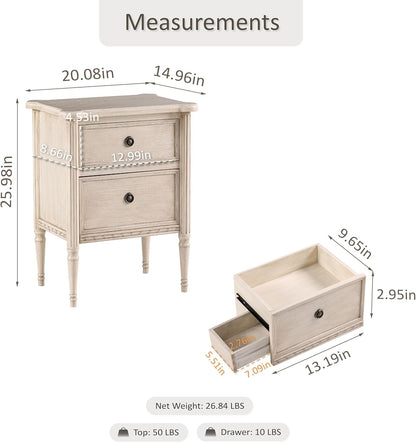 Farmhouse 2 Drawer Nightstand with Hidden Drawer, Antique Finish, Solid Pine Wood with MDF Drawers, Almost Fully Assembled, Cream White