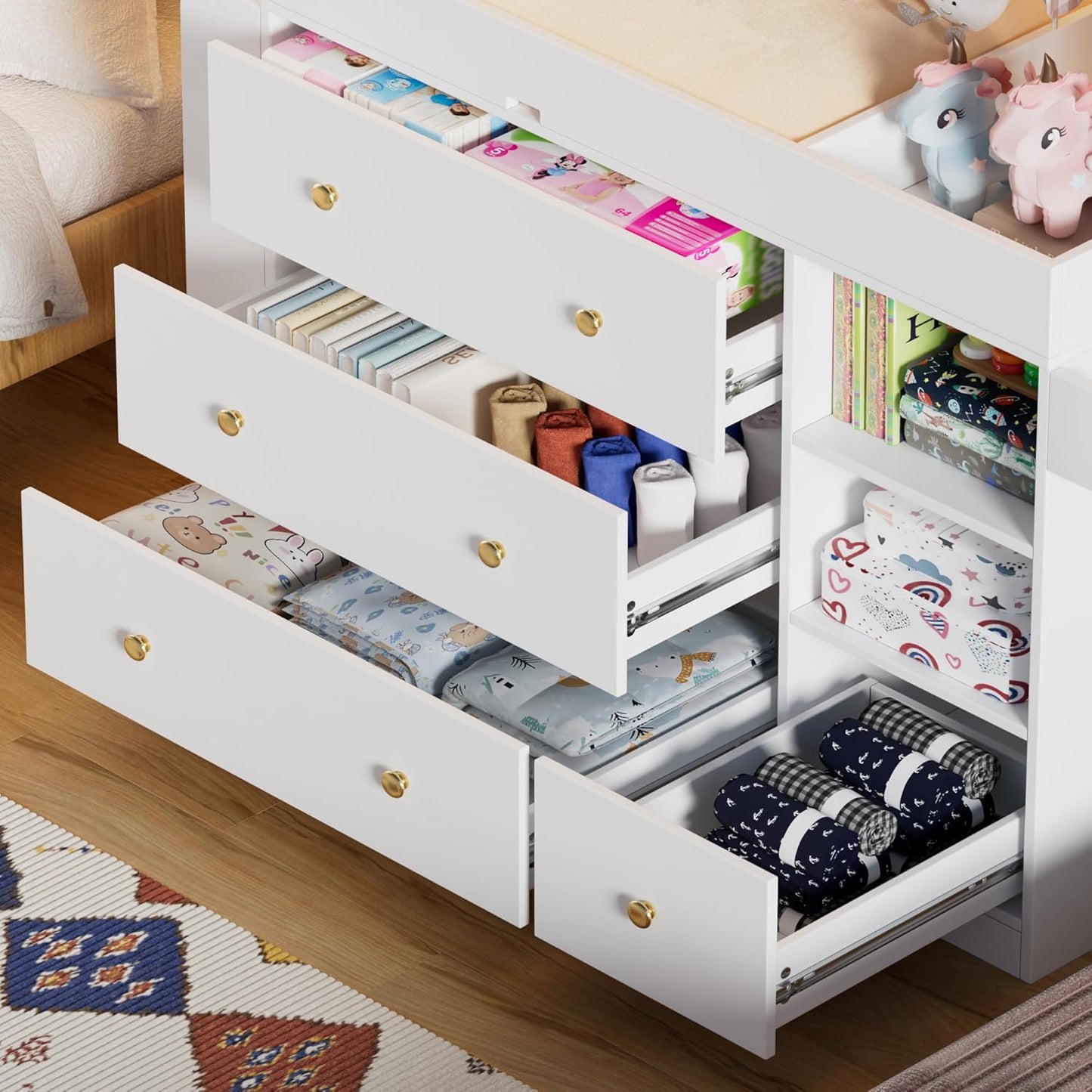 Modern Changing Table Dresser,Baby Dressing Table with 4 Drawers and Storage Shelves,Multi-Functional Baby Changing Table with Drying Rack for Nursery, White