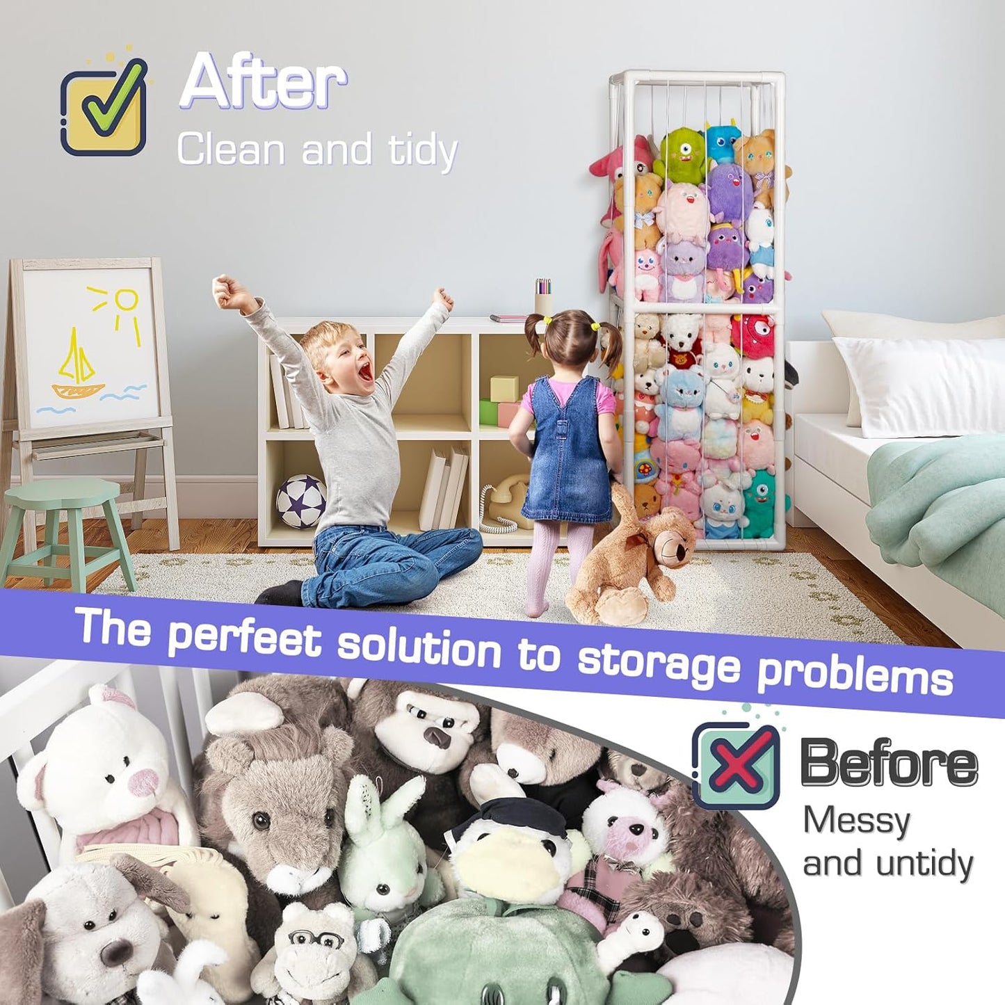 Stuffed Animal Storage Zoo Holder Space save Vertical PVC with Elastic Band and Net for Playroom Bedroom Nursery (White 1)