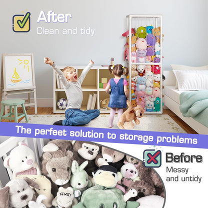 Stuffed Animal Storage Zoo Holder Space save Vertical PVC with Elastic Band and Net for Playroom Bedroom Nursery (White 1)