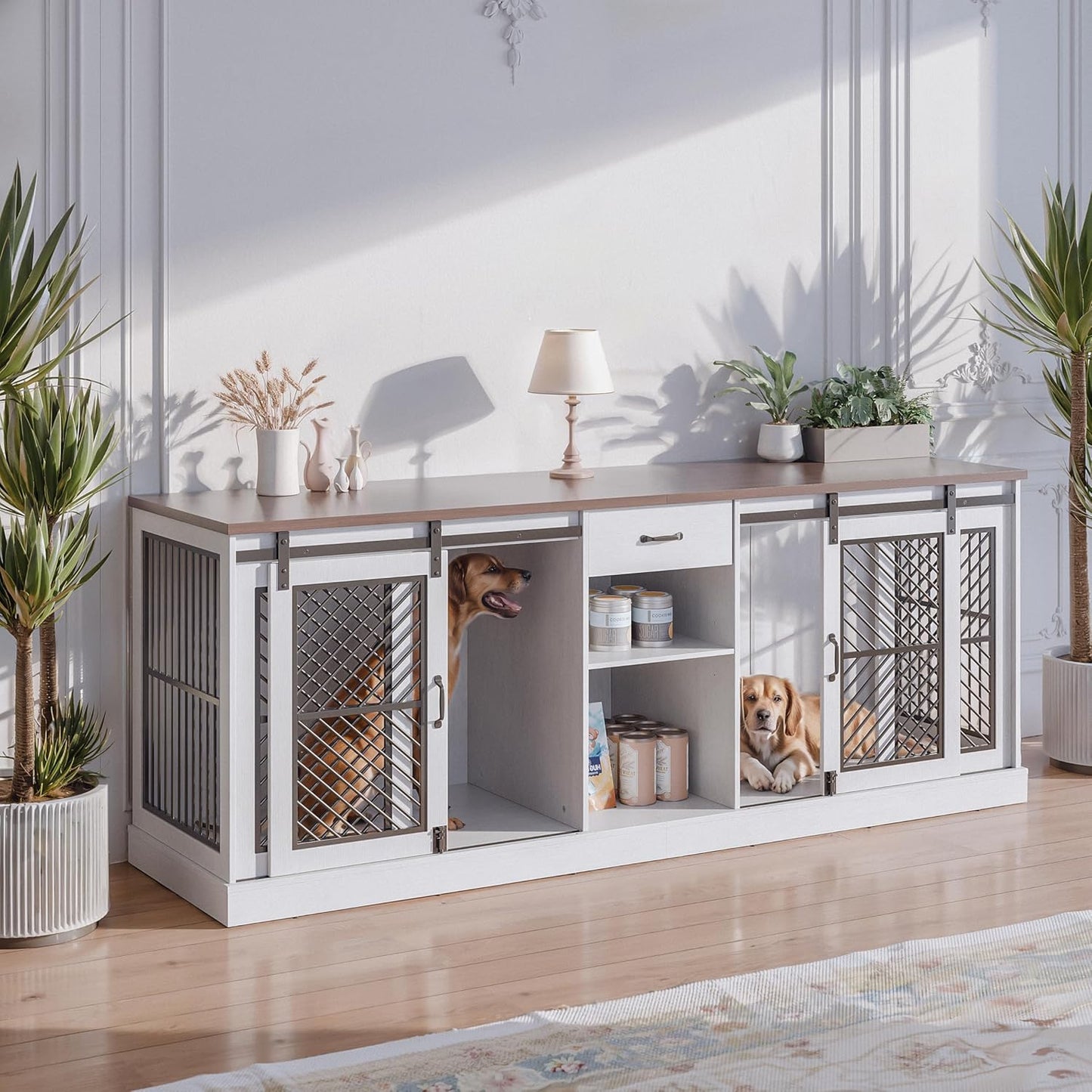 Large Pet Crate Furniture-Style Dog Cage for 2 Pets, Wooden TV Stand with Divider & Drawer Storage, Modern Design Kennel Indoor, 86.6" L X 23.6" W X 33.5" H